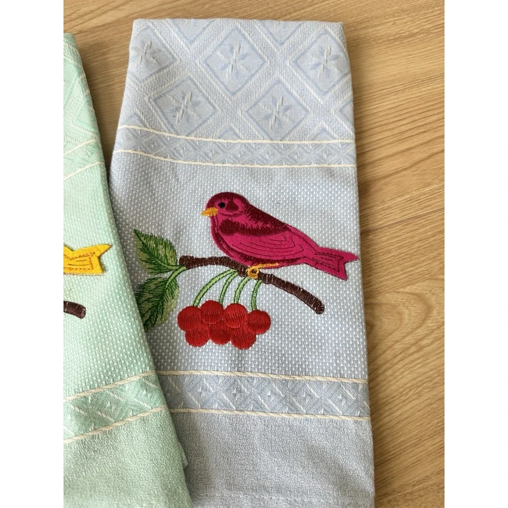 Embroidered Bird Cherry Guest Towels Set 3 Made Portugal Cotton